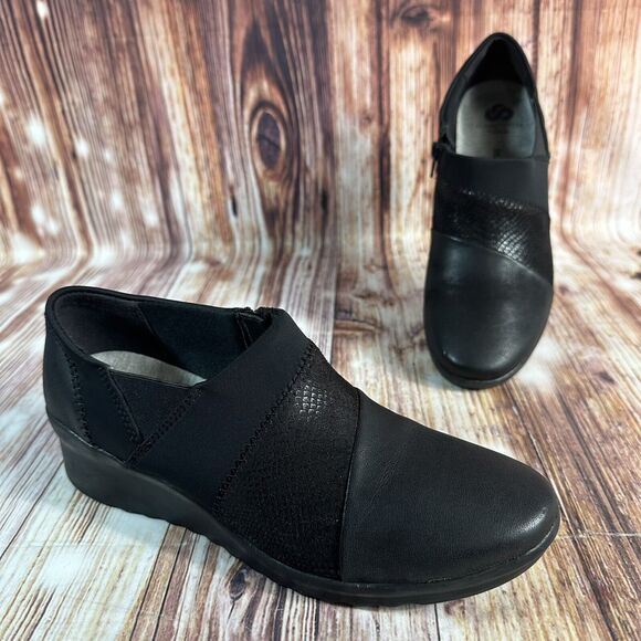 Clarks Cloud Steppers CADDELL DENALI Size 8.5 Black Wedge Heel Loafers Shoes - Picture 1 of 11